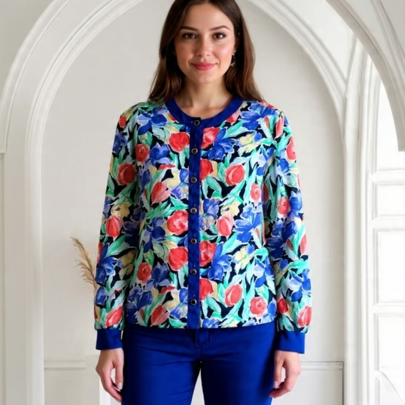 Vintage Tops - M🌺Vintage Demisheer Watercolor Long Sleeve Blouse Top